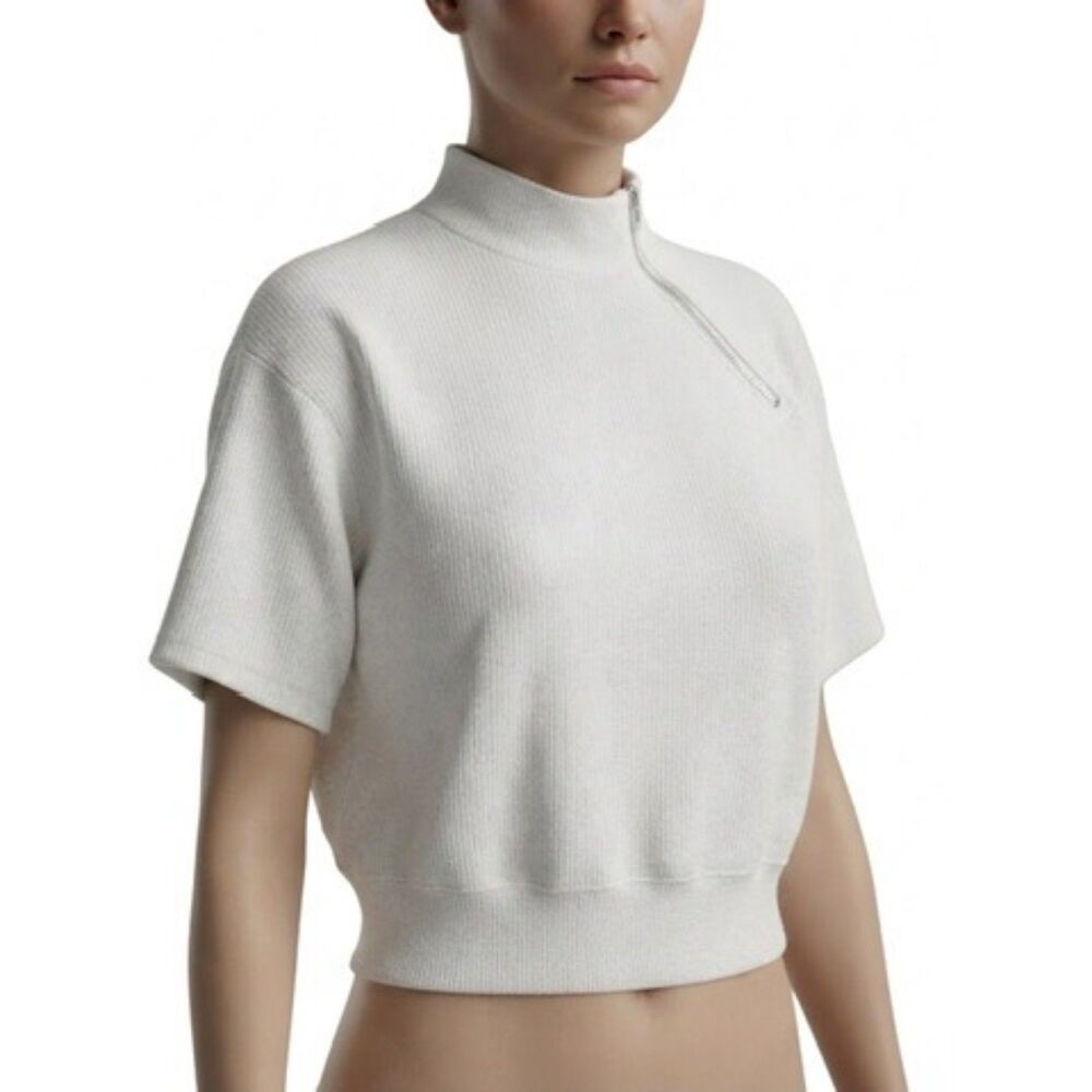 THE SET women's white cropped sweatshirt size L, short sleeve, zip neck NWOT